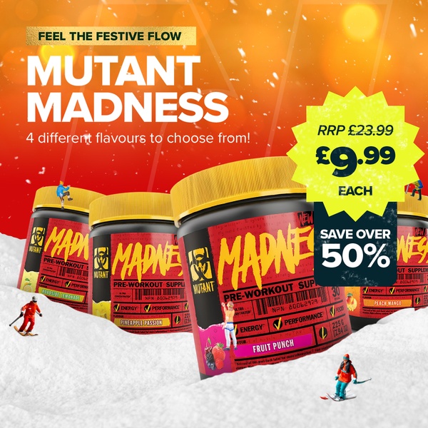 A high-contrast 1:1 square graphic promoting a flash sale on pre-workout supplements using a winter sports theme.